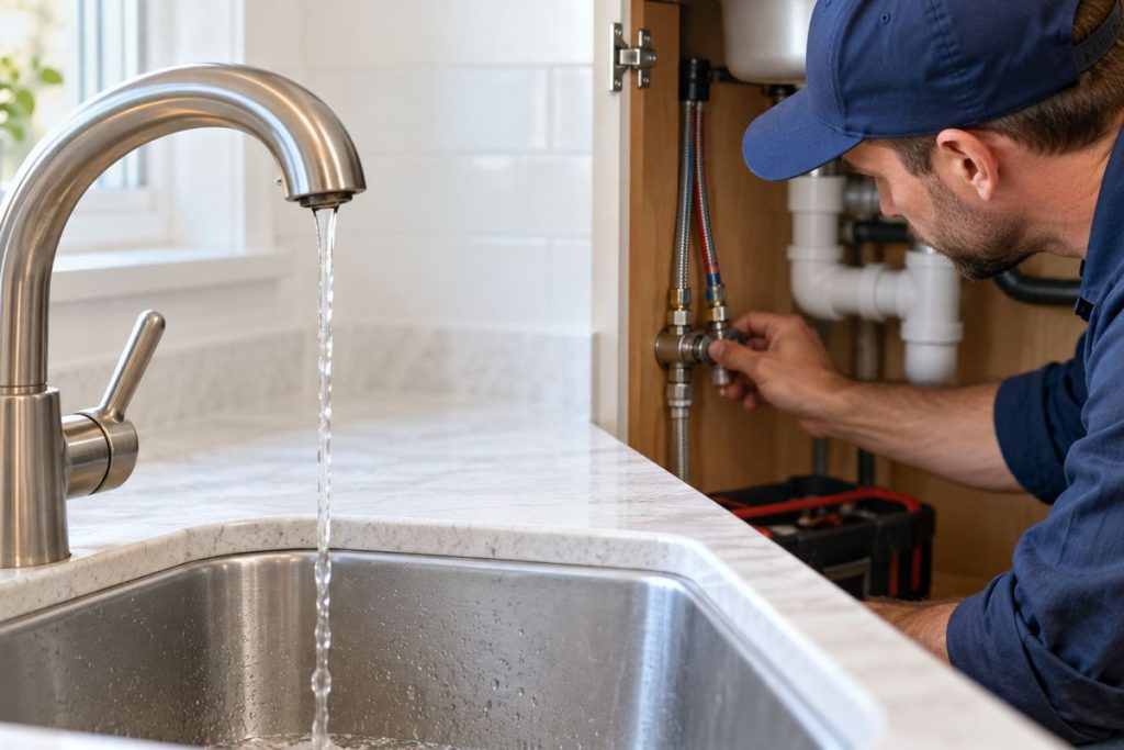 Plumber checking low water pressure under a sink