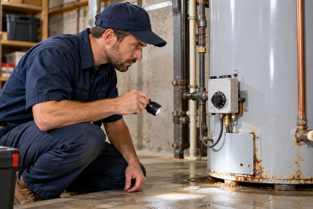 Plumber inspecting a leaking water heater