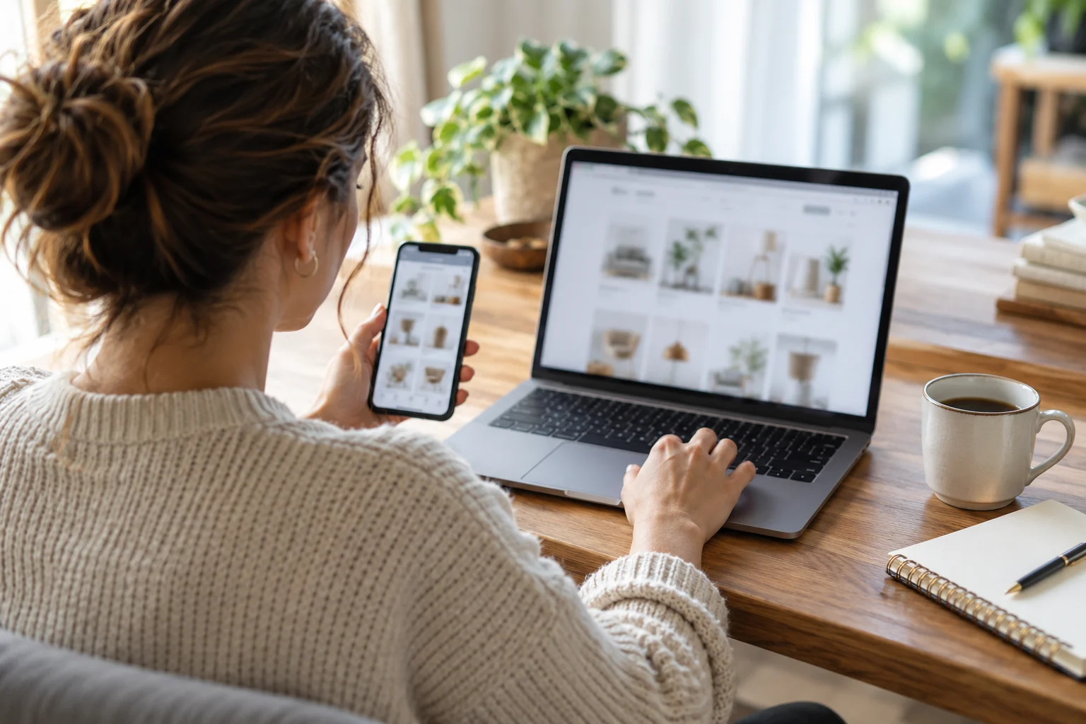 Shopper comparing products on a laptop and smartphone at home.