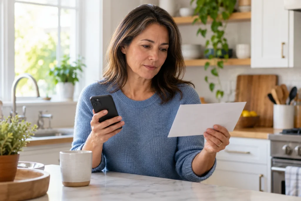 Woman checking a smartphone and an unexpected envelope at her kitchen counter.