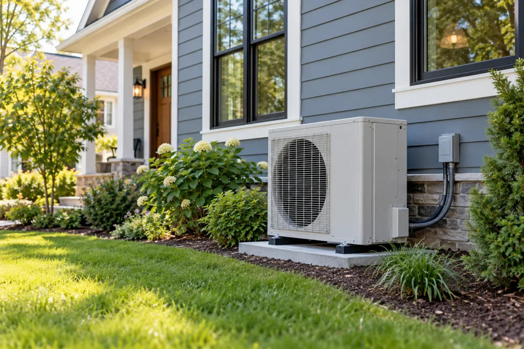 Outdoor heat pump beside a home's windows and garden.