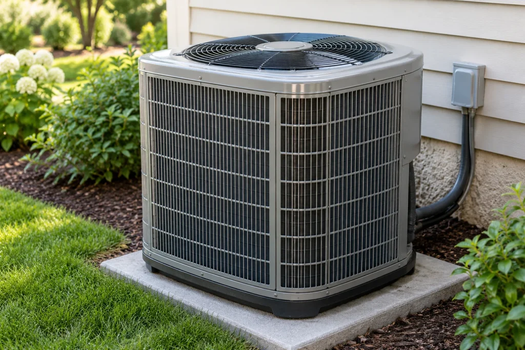 Central air conditioner condenser installed beside a house.