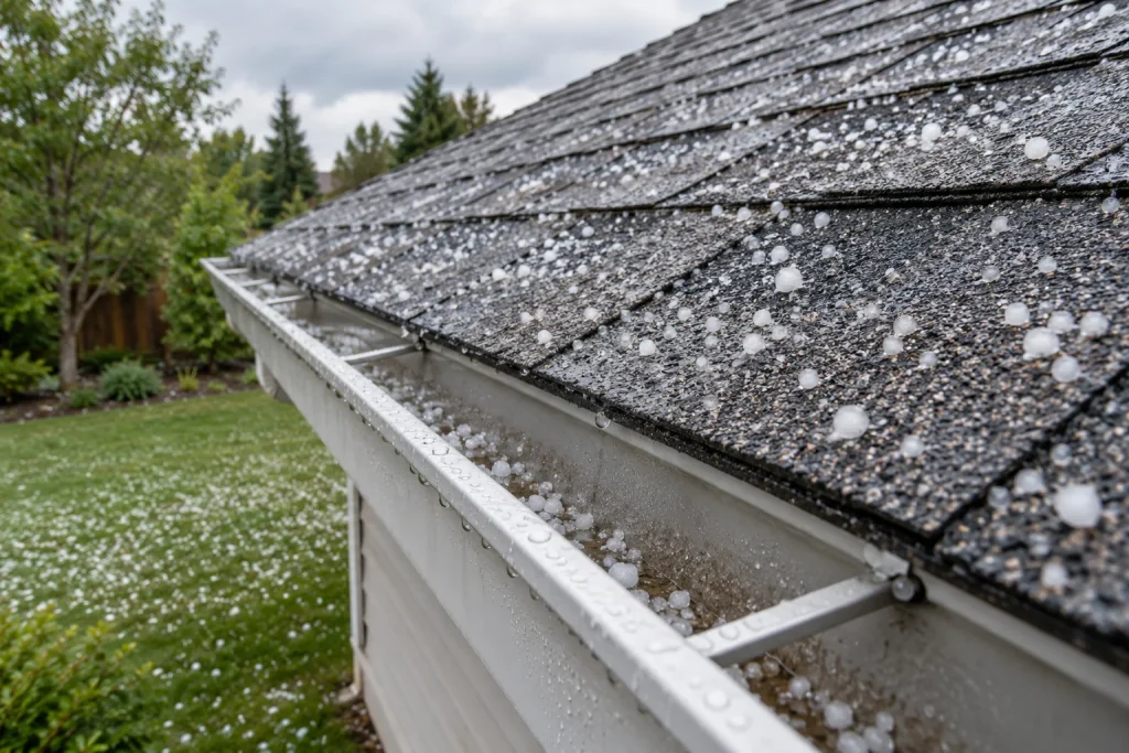 Small hailstones scattered across an asphalt-shingle roof and gutter.