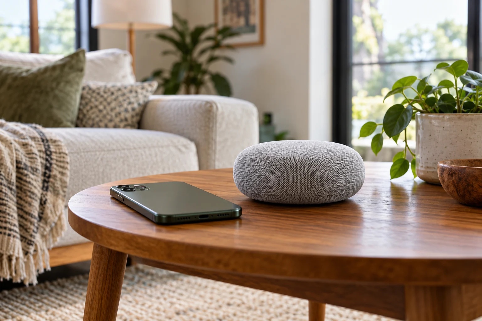 Smartphone and smart speaker on a living-room table.