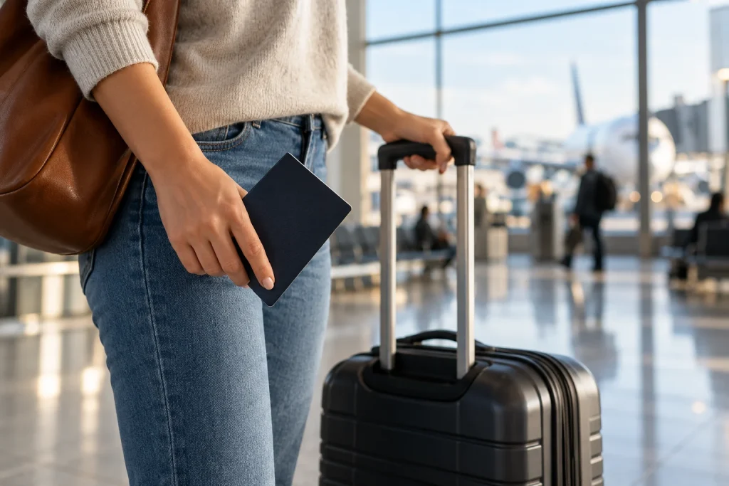Traveler holding a passport booklet beside a carry-on suitcase.