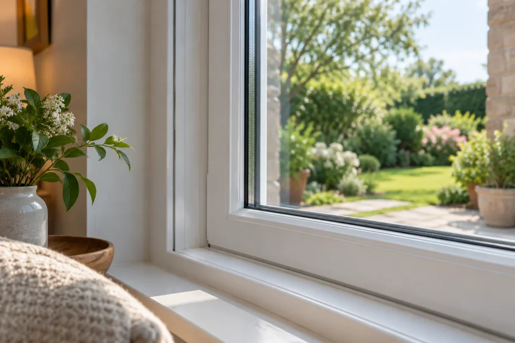 Residential window frame and glazing overlooking a garden.