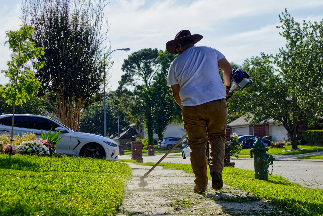 Person using a lawn trimmer beside a residential sidewalk