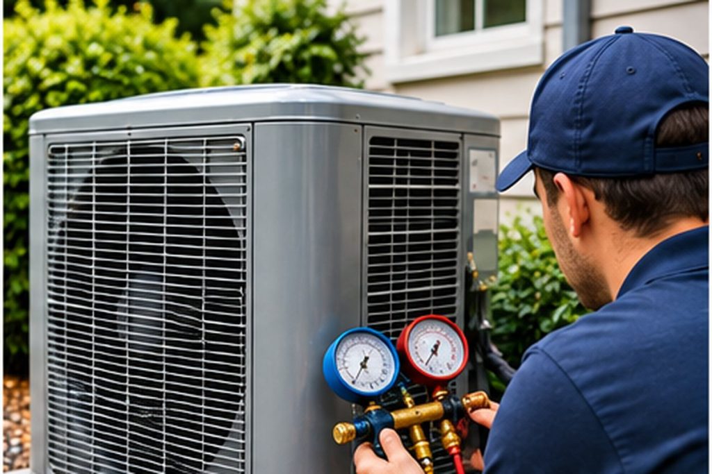 HVAC technician checking an outdoor AC unit