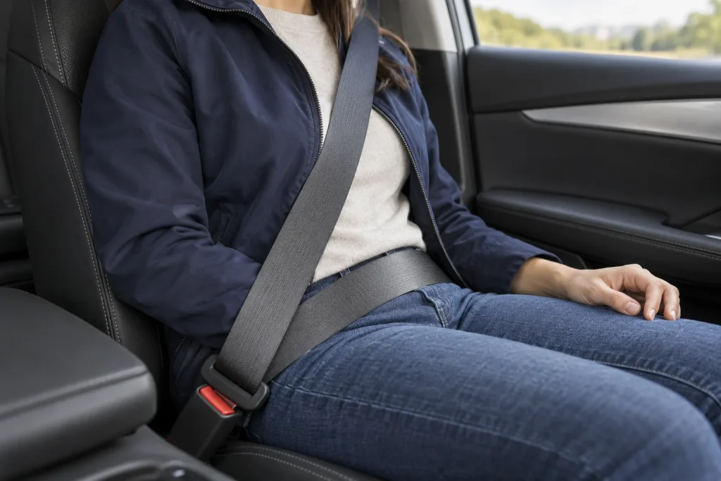 Front-seat passenger wearing a fastened three-point seat belt.