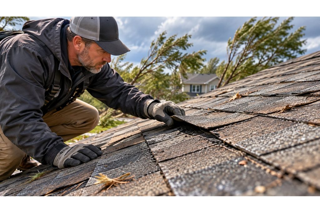 Asphalt shingle roof exposed to wind and weather as roofing materials age