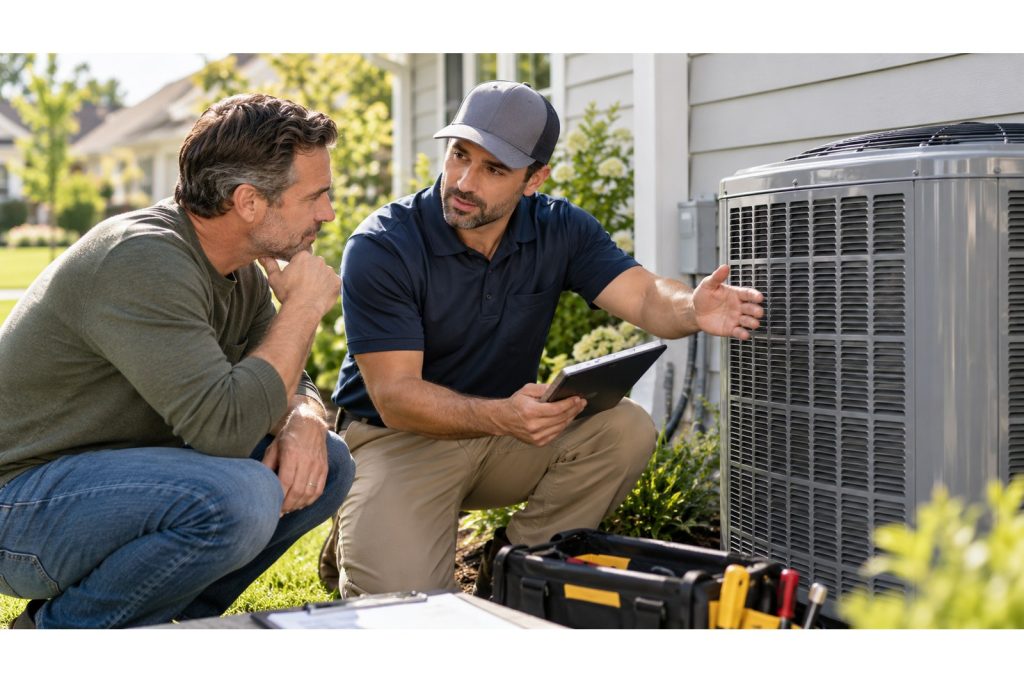 HVAC technician servicing an air-conditioning system during the 2026 refrigerant transition