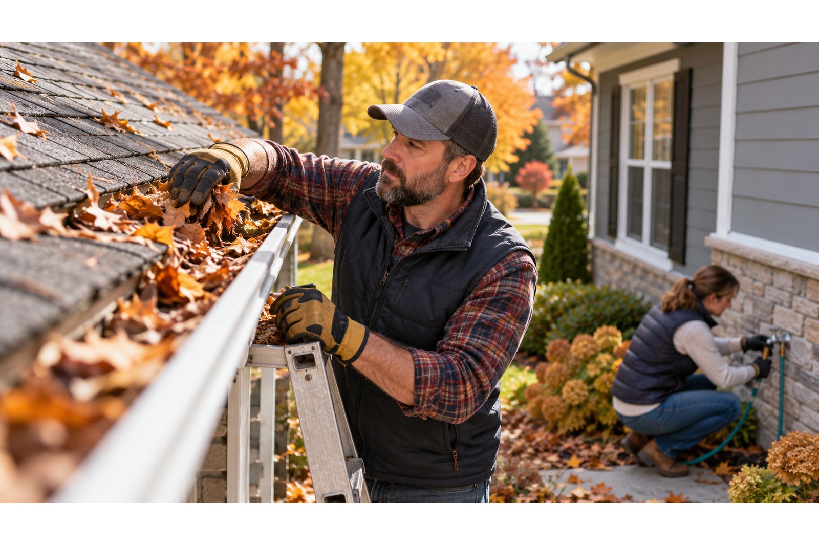 Fall home maintenance with leaves, gutters, exterior checks, and preparation for freezing weather